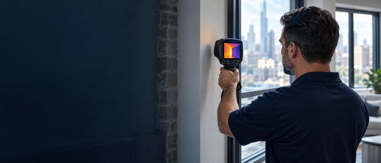 Thermographer scanning an apartment wall beside a window with an infrared camera