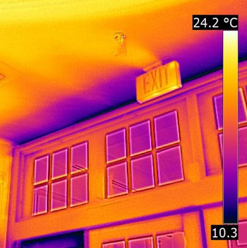 Thermal image of an interior wall and window bank: the ceiling reads warm at 24.2 degrees Celsius while cold air tracks down around every window frame at 10.3.