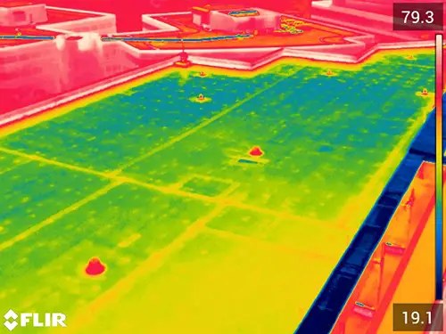 Wide thermal image of a roof field, scale 19.1 to 79.3 degrees, showing the seam grid of the membrane with cool green and blue bays and hotter parapet walls and adjacent surfaces around the edges.