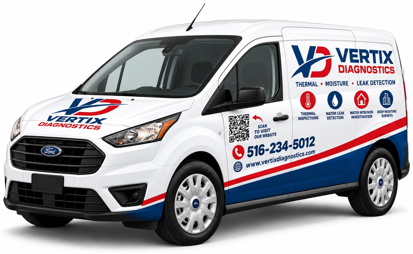 Vertix Diagnostics service van, a white Ford Transit Connect with the VD logo, the words thermal, moisture and leak detection, icons for thermal inspections, water leak detection, water intrusion investigation and roof moisture surveys, a QR code, the phone number 516-234-5012 and the web address vertixdiagnostics.com